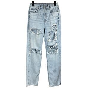 American Eagle SZ 2 Baggy Jeans Distressed Rips Hi-Rise Zip-Fly Pockets Whisker